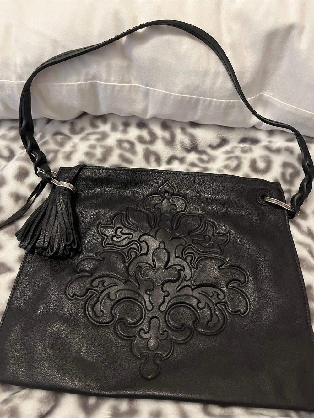 Brighton Black Embossed Leather Shoulder Bag with Tassel